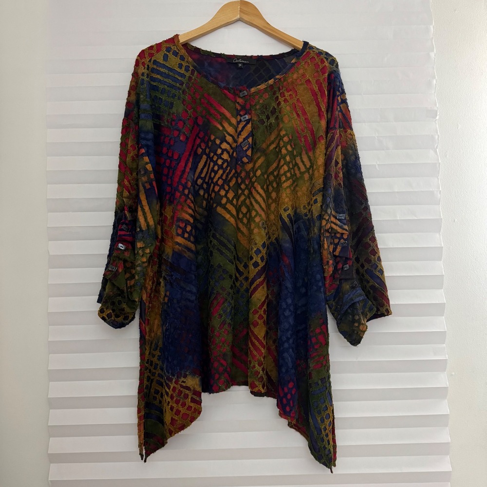 Calessa Retro Womens 3X Abstract Burnout Grunge Tunic Sharkbite Hem Boho Top